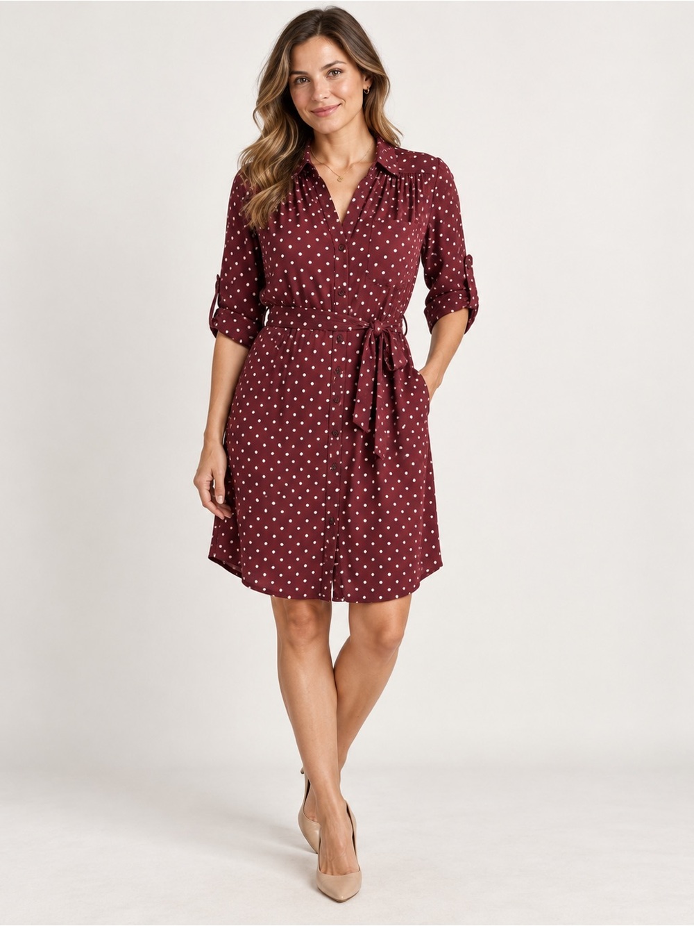 NWT Wishful Park Burgundy Polka Dot Belted Shirt Dress Size S Roll-Tab Sleeves